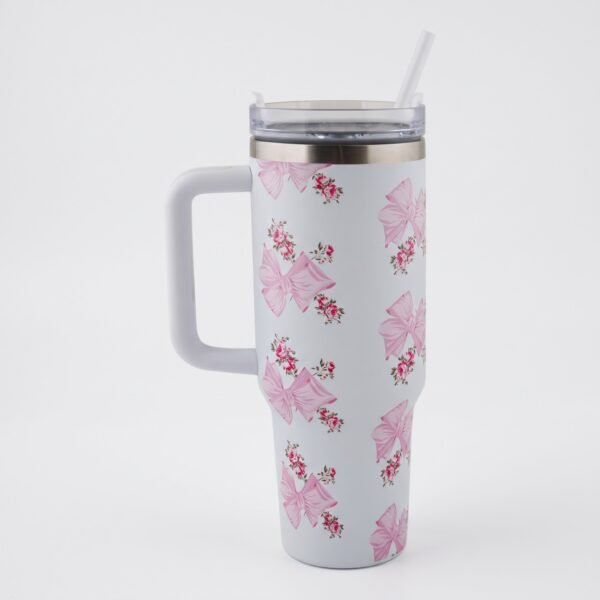 Coquette-style pink bow and floral pattern insulated stainless steel tumbler