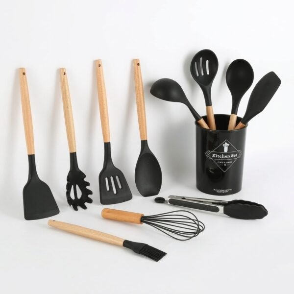 12-Piece Silicone kitchen utensil set with wooden handles
