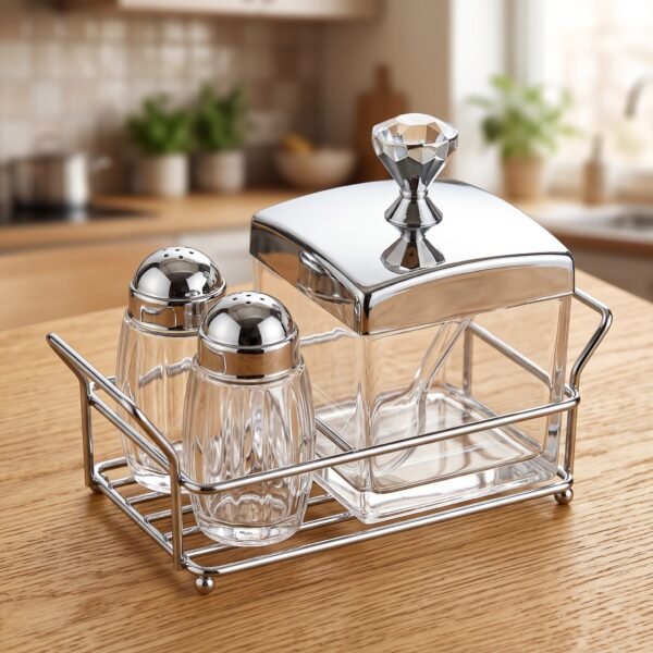 3-Piece Acrylic sugar pot and salt/pepper cruet set with a stainless steel wire stand