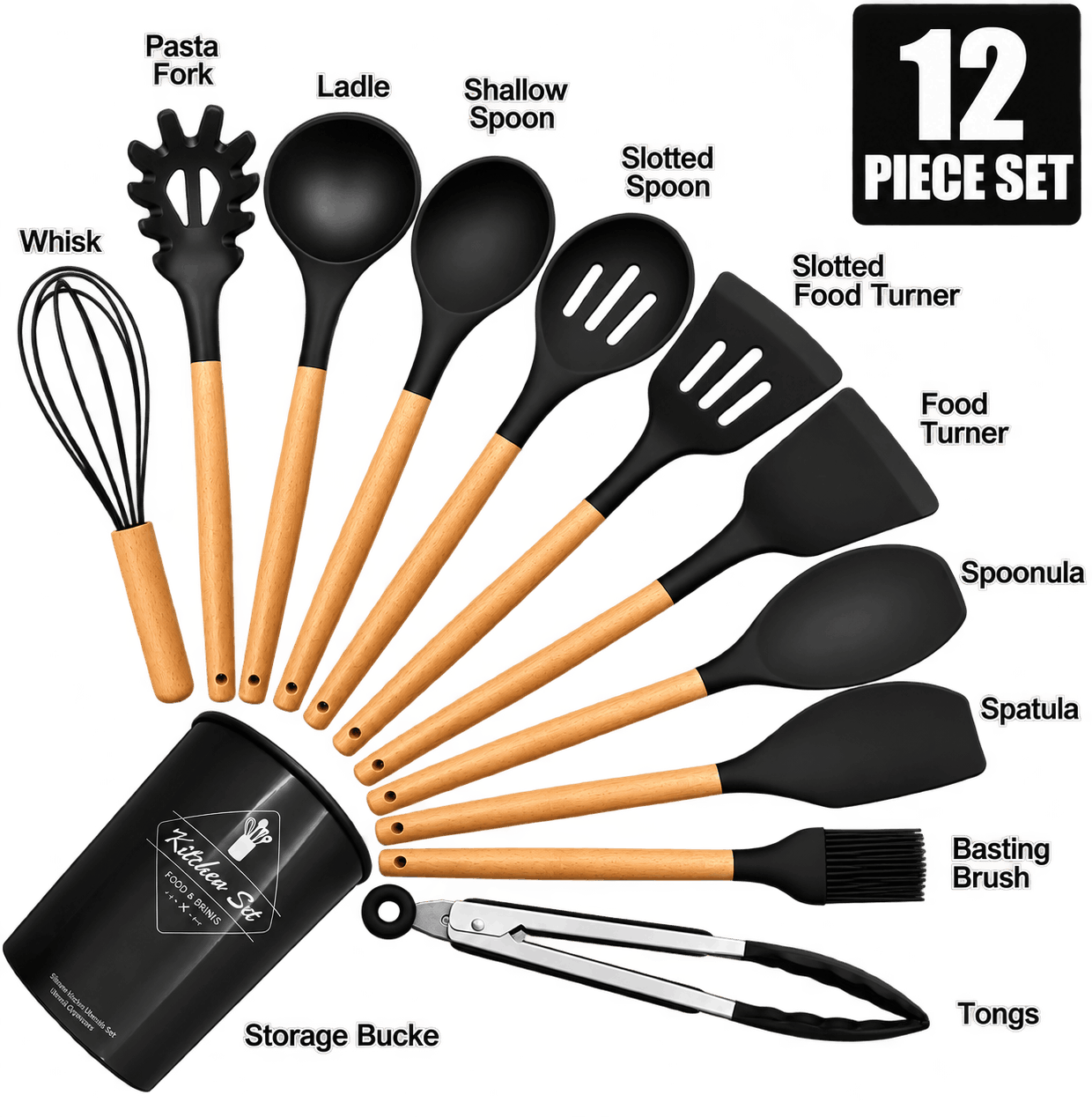 Black and Wood Utensil Set